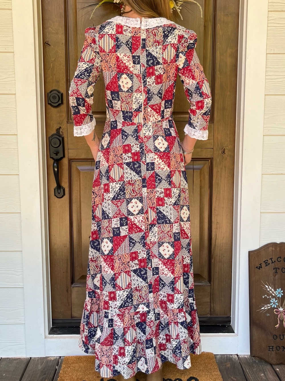 Vintage 70s Handmade Patchwork Lace Maxi Dress - Picture 3 of 4